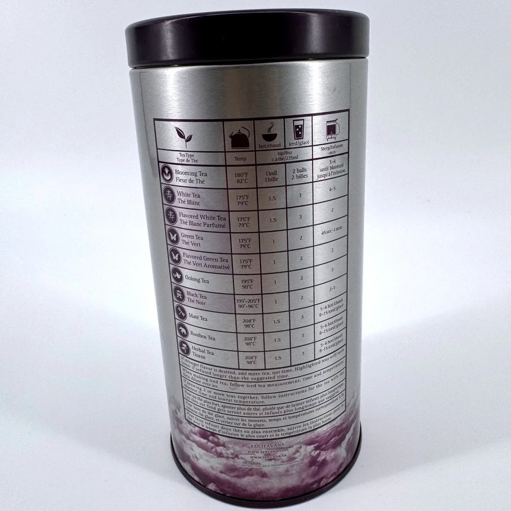 Teavana Tea Tin Storage Canister 1/2 lb Silver Purple Brewing Guide Empty